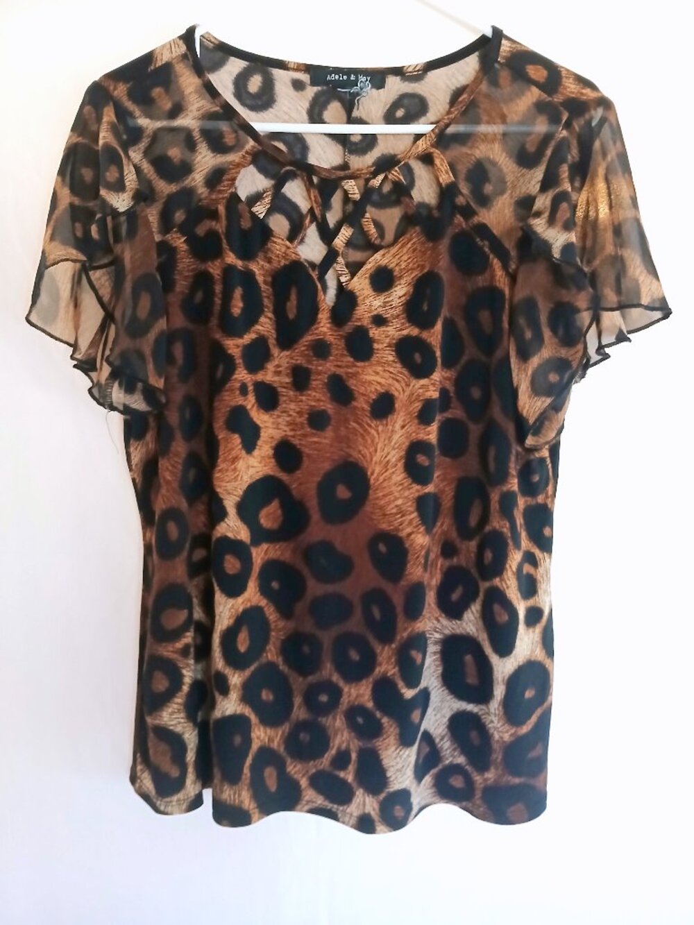 Adele & May Leopard Slightly Sheer Crisscross Neckline Top Shirt XL Boho Y2K